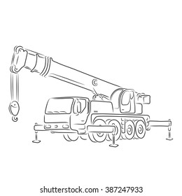 Hand-drawn outline of truck-mounted crane isolated on white background. Art vector illustration for your design