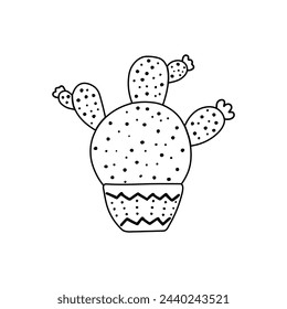 Hand-drawn outline vector cactus isolated on white background. Doodle style illustration of spiny plant, blooming cactus, succulent plant in ceramic pot. Home plant, mexico cactus flower.