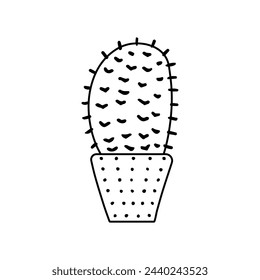 Hand-drawn outline vector cactus isolated on white background. Doodle style illustration of spiny plant, blooming cactus, succulent plant in ceramic pot. Home plant, mexico cactus flower.
