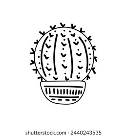 Handgezeichneter Umriss Vektor Kaktus isoliert auf weißem Hintergrund. Doodle Stil Illustration der Dornpflanze, blühender Kaktus, Sukkulente Pflanze in Keramik Topf. Heimpflanze, Mexiko Kaktusblüte.