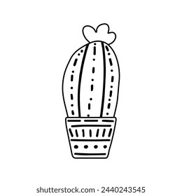 Hand-drawn outline vector cactus isolated on white background. Doodle style illustration of spiny plant, blooming cactus, succulent plant in ceramic pot. Home plant, mexico cactus flower.