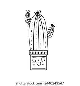 Hand-drawn outline vector cactus isolated on white background. Doodle style illustration of spiny plant, blooming cactus, succulent plant in ceramic pot. Home plant, mexico cactus flower.