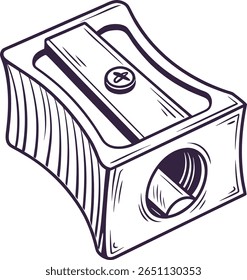 Uma ilustração vetorial de contorno desenhado à mão de um apontador de lápis clássico. Este design de esboço apresenta linhas limpas e uma aparência minimalista,