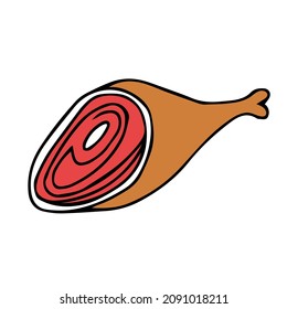 A Hand-drawn outline vector illustration of a red and orange pork leg isolated on a white background for roasting