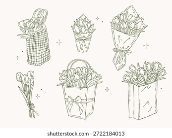 Hand-drawn outline vector set of tulip bouquets in paper wraps, bags, and mesh reusable bags. Perfect for greeting cards, invitations, seasonal designs, and spring illustrations