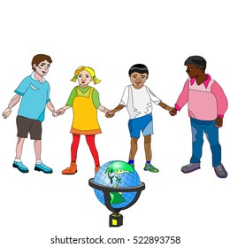 hand-drawn, outlined vector illustration of a group of school aged children, holding hands, with globe on the front of them