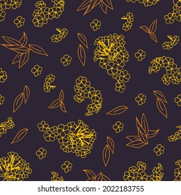 Hand-drawn outlines of bright flowers on a dark background. Seamless floral pattern in retro style.