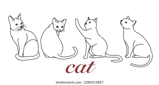 Hand-Drawn Outlines of a Cute cat in Various Poses, Rendered in Doodle-Style Drawing with Freehand Sketching