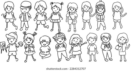 Hand-Drawn Outlines of cute girls in Various Poses, Rendered in Doodle-Style Drawing with Freehand Sketching