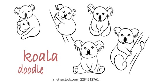 Hand-Drawn Outlines of a Cute Koala in Various Poses, Rendered in Doodle-Style Drawing with Freehand Sketching