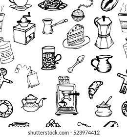 Hand-drawn outlines on coffee and tea cup. Cafe or restaurant.Vector illustration.