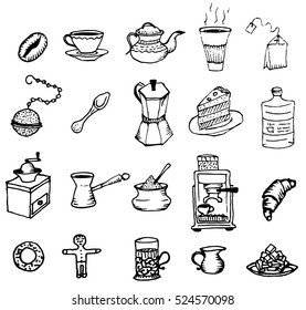Hand-drawn outlines on coffee and tea cup. Cafe or restaurant.Vector illustration.