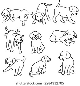 Hand-Drawn Outlines of a puppy dog in Various Poses, Rendered in Doodle-Style Drawing with Freehand Sketching