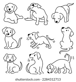 Hand-Drawn Outlines of a puppy dog in Various Poses, Rendered in Doodle-Style Drawing with Freehand Sketching