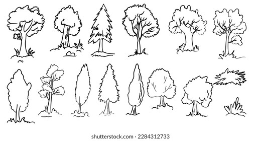 Hand-Drawn Outlines of trees in Various shapes, Rendered in Doodle-Style Drawing with Freehand Sketching