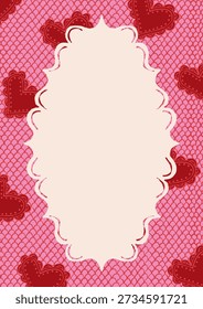 Hand-drawn oval decorative frame on a pink lace pattern background with red doodle hearts. Romantic vintage template for wedding invitations or Valentine's Day greeting cards.