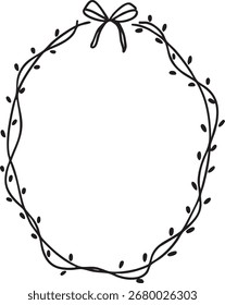 Hand-drawn oval frame with ribbon bow and decorative leaves in minimal line art style. Perfect for invitations, logos, greeting cards, and elegant branding