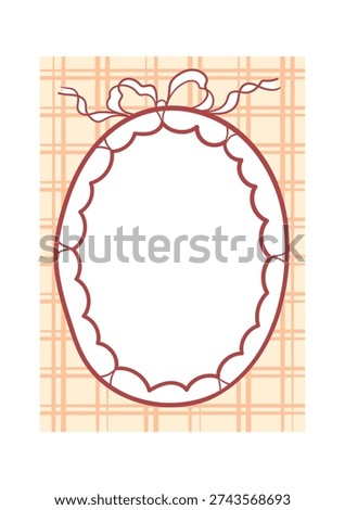 Handdrawn oval frame with scallop edge and ribbon bow on a plaid card background. Symbol of celebration, greeting, and gift note for message space and invitation. Vector illustration