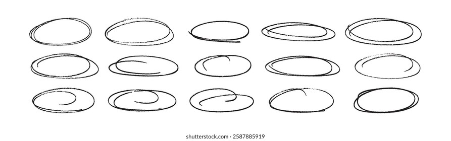 Hand-drawn ovals and circles set. Highlight circle frames. Ellipses in doodle style. Set of various geometric round shapes to circle and highlight text.	