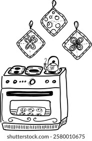 Hand-drawn oven and potholder vector doodles. Oven, stovetop, tea kettle, cookies baking, and three potholders. Warm and cute kitchen scene baking chocolate chip cookies.