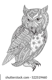 Hand-drawn owl with ethnic floral doodle pattern. Coloring page - zendala, design for spiritual relaxation for adults, vector illustration, isolated on a white background. Zen doodles.