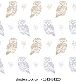 Hand-drawn owl seamless pattern. gray and light brown owls with texture and flowers. Vector stock illustration on a white isolated background. drawing for printing on fabric. stylized night birds