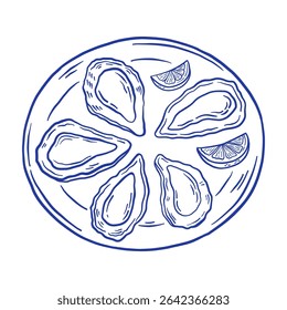 Hand-drawn oyster plate with lemon vector illustration. Doodle seafood mussel delicacy. La dolce vita Italian style.