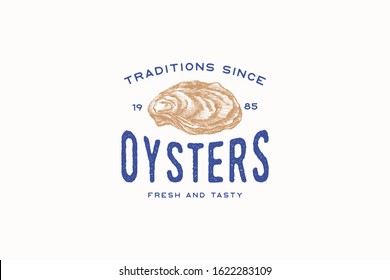 Hand-drawn oyster shell vector illustration. Logo template for a menu of a fish restaurant, market or seafood store. Emblem of delicacy in the engraving style on a light background.