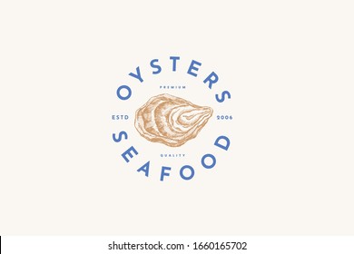 Hand-drawn oyster shell vector illustration. Logo template for a menu of a fish restaurant, market or seafood store. Emblem of delicacy in the engraving style on a light background.