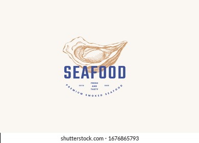 Hand-drawn oyster shell vector illustration. Logo template for a menu of a fish restaurant, market or seafood store. Emblem of delicacy in the engraving style on a light background.