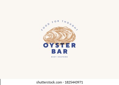 Hand-drawn oyster shell vector illustration. Logo template for fish restaurant menu or seafood bar. Emblem of delicacy in the engraving style on a light background.