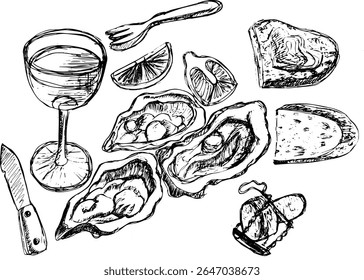  Ostras desenhadas à mão com copo de vinho e limão sobre fundo branco