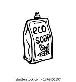 embalajes hechos a mano con jabón líquido, aislados en fondo blanco. Ilustración vectorial en estilo Doodle.