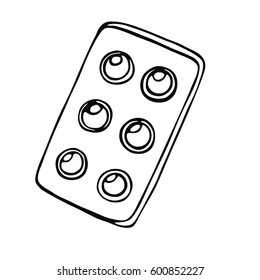 Hand-drawn packing of tablets/Vector linear image on the topic of medicine, medicine and health. Sketches for use in design, web site, packing, textile, fabric
