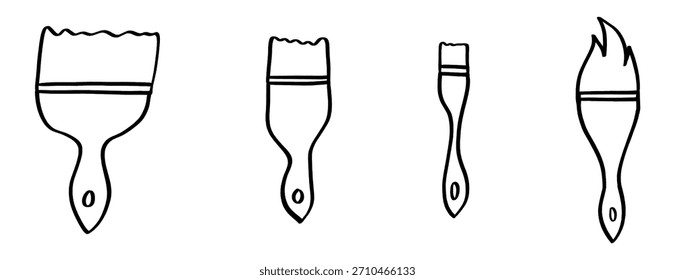 Pincel desenhado à mão rabisca em diferentes tamanhos e estilos para pintura artística isolada em um fundo branco em um estilo de desenho de linha simples