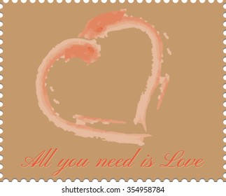 Hand-drawn painted red heart, vector element for your design. Valentines card with line heart and all you need is love phrase, background