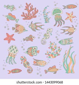 Hand-drawn and painted set of sea fish, starfish, coral, seahorse, jellyfish, seaweed on a purple background