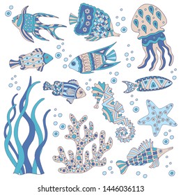 Hand-drawn and painted set of sea fish, starfish, coral, seahorse, jellyfish, seaweed on white background