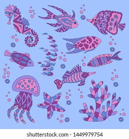 Hand-drawn and painted set of sea fish, starfish, coral, seahorse, jellyfish, seaweed on blue background