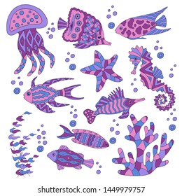 Hand-drawn and painted set of sea fish, starfish, coral, seahorse, jellyfish, seaweed on white background