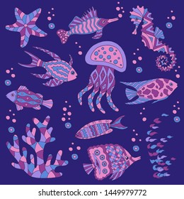 Hand-drawn and painted set of sea fish, starfish, coral, seahorse, jellyfish, seaweed on dark blue background