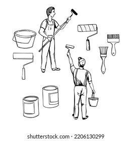 Hand-drawn painter and tools for painting walls. Paint roller, paint can, brushes.Vector sketch illustration.