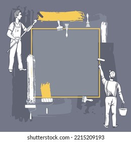 Hand-drawn painter and tools for painting walls. Paint roller, paint can, brushes. Vector frame. Sketch illustration.