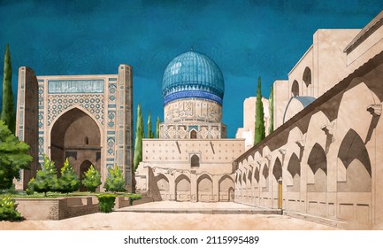 Hand-drawn painting with digital brush of the Bibi Khanum mosque and mausoleum in Samarkand, Uzbekistan. (The Arabic inscription on the tower "In the name of Allah, the Gracious and Merciful")