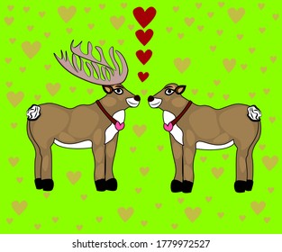 Hand-drawn pair of Deer and Elk with hearts on a bright green background. Vector illustration for textile and packaging design.