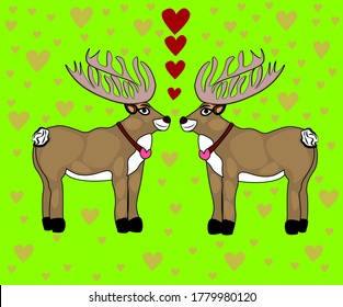 Hand-drawn pair of moose with collars and hearts on a bright green background. Vector illustration for textile and packaging design.