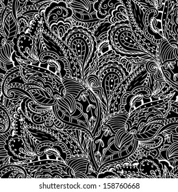 Hand-drawn paisley pattern. Monochrome seamless background. Vector illustration