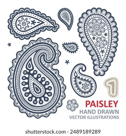 Hand-drawn paisley patterns vector illustrations for design projects. paisley drawings isolated on white background. part of collection.