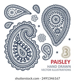 Handgezeichnete Paisley-Muster Vektorillustrationen für Designprojekte. Paisley-Zeichnungen isoliert auf weißem Hintergrund. Teil der Kollektion.