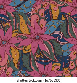 Hand-drawn paisley. Seamless background. Colored pattern